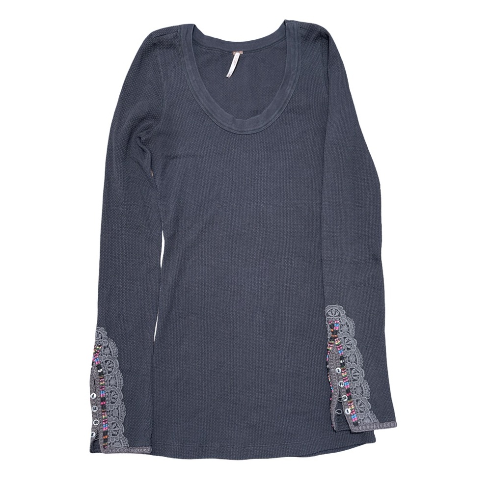 Free People • Fiesta Embroidered Cuff Long Sleeve Thermal Top Washed Black M